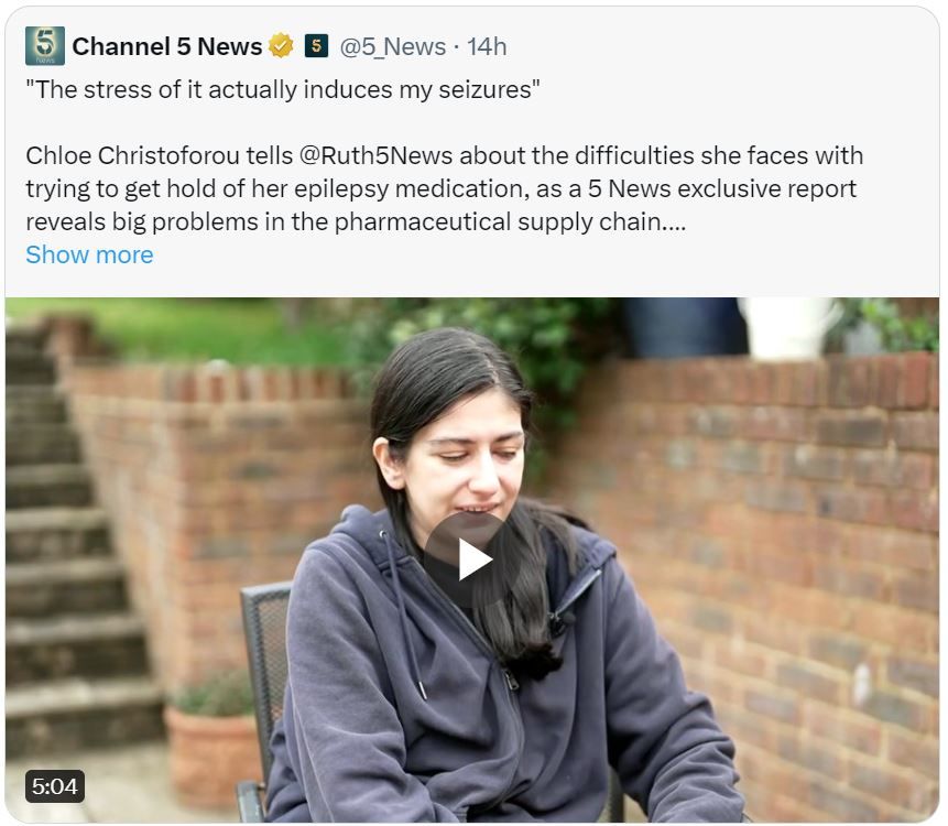 Screen capture of Channel 5 News story shows Chloe talking about medication shortages in her garden. She has shoulder length dark hair and is talking to the presenter while sitting in garden chairs