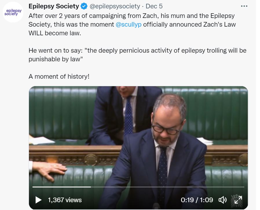 Twitter feed shows DCMS minister Paul Scully announce that Zach's Law would be included in the Online Safety Bill